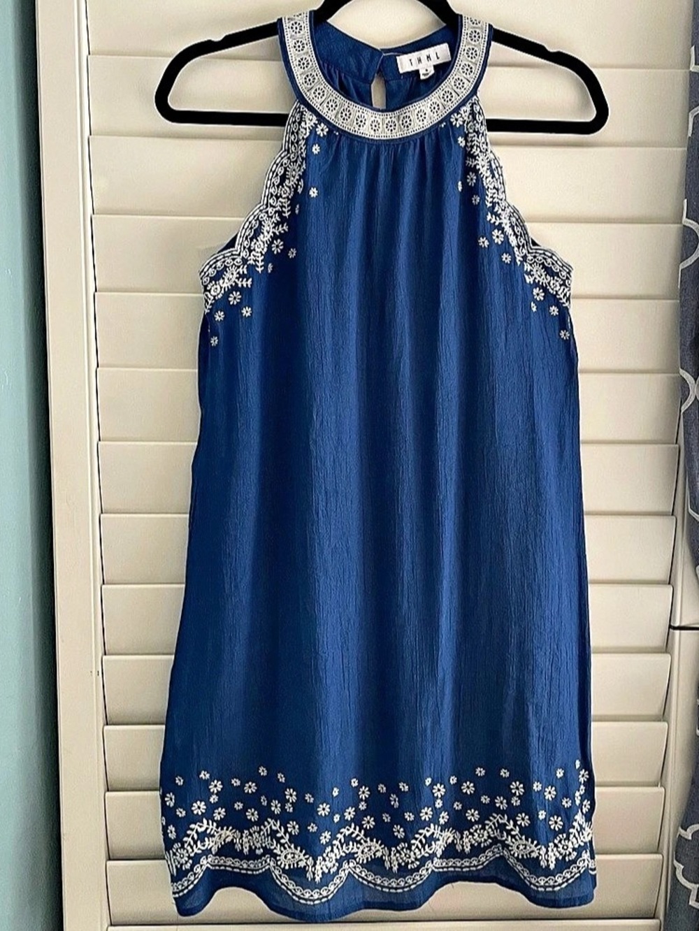 THML Blue Embroidered Halter Dress Maxi in Blue & White Size Small